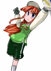 Rule 34 | 1girl, aerow, ball, clothes writing, female focus, gloves, gym shorts, hat, hong meiling, jersey, playing sports, shorts, soccer, soccer ball, solo, tao, tao (kadoya), touhou