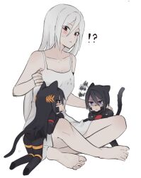 Rule 34 | !?, 1yym, android, angry, animal ears, ariane yeong, arm tattoo, barcode, barcode tattoo, black hair, blue eyes, blush, camisole, cat ears, cat girl, cat tail, digitigrade, elster (signalis), falke (signalis), highres, laurel crown, long hair, mechanical arms, mechanical legs, mini person, minigirl, red eyes, short hair, signalis, tail, tattoo, white background, white camisole, white hair