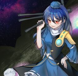 Rule 34 | 1girl, armor, blue hair, blue nails, coat, commentary request, constellation, dress, fingernails, frilled dress, frills, gem, hand on own hip, hat, holding tripod, iizunamaru megumu, long hair, mirei (miirei), nail polish, outdoors, parted lips, pauldrons, pom pom (clothes), red eyes, ribbon trim, romper, shoulder armor, shoulder guard, single pauldron, sleeveless, sleeveless coat, solo, surcoat, tokin hat, touhou, tripod, unconnected marketeers, wide sleeves