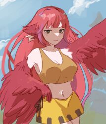Rule 34 | 1girl, absurdres, animal ears, bare shoulders, bird ears, bird legs, borrowed character, breasts, brown tank top, cleavage, coco (eogks), commentary, english commentary, ev v1l, feathers, harpy, highres, long hair, looking at viewer, medium breasts, midriff, monster girl, navel, original, red feathers, red hair, red wings, skirt, smile, solo, tank top, two-tone wings, very long hair, winged arms, wings, yellow skirt