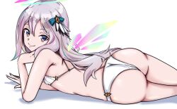 Rule 34 | angel, angel girl, arial yuriko, ass, bra, breasts, commission, denyel, hair ornament, halo, highres, knee up, knees up, long hair, looking at viewer, lying, multicolored eyes, multicolored hair, on side, panties, simple background, small breasts, smile, thighs, underwear, underwear only, virtual youtuber, vreverie, white background, white bra, white panties, wings