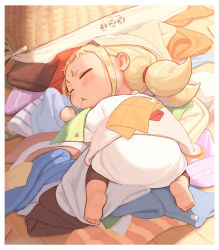 Rule 34 | 1girl, :&lt;, barefoot, blonde hair, child, commentary request, drooling, kozato (yu kozato), low twintails, lying, on stomach, original, saliva, shirt, short twintails, sleeping, solo, twintails, white shirt