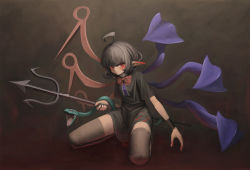 Rule 34 | 1girl, ahoge, asymmetrical wings, bad id, bad pixiv id, black hair, black thighhighs, bow, bowtie, center frills, dress, frills, gradient background, holding, holding polearm, holding weapon, houjuu nue, kneeling, ni (221), on one knee, pointy ears, polearm, red bow, red bowtie, red eyes, snake, solo, thighhighs, touhou, trident, weapon, wings