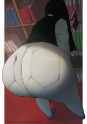 Rule 34 | 1girl, ass, ass focus, black hair, book, bookshelf, highres, huge ass, long hair, long sleeves, mmmmmkun, original, pants, solo, tight clothes, tight pants, vest
