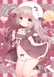 Rule 34 | 1girl, :o, animal hat, argyle, argyle background, argyle clothes, balloon, black choker, black dress, black ribbon, black socks, bloomers, blue eyes, blunt bangs, blush, breasts, brown hair, candy, chocolate, chocolate heart, choker, cleavage, commentary request, dress, envelope, food, full body, hair ribbon, happy valentine, hat, heart, high heels, highres, holding, holding food, kneehighs, long hair, looking at viewer, medium breasts, midriff, momozu komamochi, navel, open clothes, open dress, original, pom pom (clothes), puffy short sleeves, puffy sleeves, rabbit hat, ribbon, ribbon choker, short sleeves, sidelocks, signature, socks, solo, two side up, underwear, valentine, white bloomers, white footwear, white hat, wrist cuffs