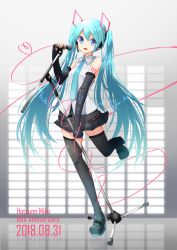 Rule 34 | 1girl, 2018, anniversary, aqua hair, bad id, bad pixiv id, black thighhighs, blouse, blue eyes, blue necktie, boots, character name, collared shirt, dated, detached sleeves, full body, grey background, grey shirt, hair between eyes, hatsune miku, headset, high heel boots, high heels, highres, long hair, microphone, microphone stand, necktie, reflection, reflective floor, shirt, skirt, sleeveless, sleeveless shirt, solo, standing, standing on one leg, thigh boots, thighhighs, twintails, very long hair, vocaloid, yusake san