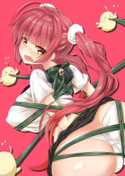 Rule 34 | 1girl, arms behind back, ass, azur lane, bell, bird, blush, bound, bound arms, breasts, cameltoe, chick, covered erect nipples, fang, from behind, frontal wedgie, honolulu (azur lane), honolulu (manjuu mischief) (azur lane), honolulu (umbrella girl) (azur lane), large breasts, long hair, looking at viewer, looking back, nekoyaso, open mouth, orange eyes, panties, red background, red hair, ribbon, school uniform, serafuku, shiny skin, shirt, simple background, solo, tareme, tied up, twintails, underwear, wedgie, white panties