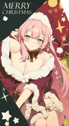 Rule 34 | 1girl, absurdres, airseal, blue archive, blush, braid, breasts, christmas, cleavage, closed mouth, commentary, green eyes, hair between eyes, hanako (blue archive), hat, highres, large breasts, long hair, looking at viewer, merry christmas, pink hair, pom pom (clothes), red hat, santa costume, santa hat, single braid, smile, solo, symbol-only commentary