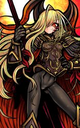 Rule 34 | 1girl, armor, armored bodysuit, black armor, black bodysuit, black gloves, black horns, blonde hair, bodysuit, commentary request, dragon horns, facial mark, fate/grand order, fate (series), feet out of frame, gloves, hair over one eye, highres, holding, holding weapon, horns, long hair, long horns, looking at viewer, nazo no diaboro, nero claudius (fate), nero claudius (fate) (all), pointy ears, queen draco (fate), queen draco (third ascension) (fate), red eyes, smile, solo, very long hair, weapon