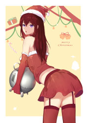 Rule 34 | 1girl, :o, alternate costume, alternate eye color, bare shoulders, blush, bobblehat, box, candy, candy cane, cowboy shot, elbow gloves, food, from behind, fur trim, garter straps, gift, gift box, gloves, hat, highres, holding, leaning forward, long hair, looking afar, looking to the side, makise kurisu, merry christmas, open mouth, purple eyes, red gloves, red hair, red hat, red skirt, red thighhighs, santa costume, santa hat, simple background, skirt, solo, standing, steins;gate, thighhighs, wujia xiaozi, yellow background