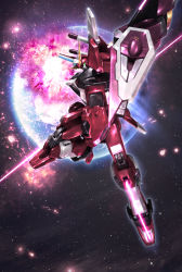 Rule 34 | absurdres, bad id, bad pixiv id, beam saber, earth (planet), explosion, glowing, glowing eye, green eyes, gundam, gundam seed, gundam seed destiny, highres, holding, holding sword, holding weapon, infinite justice gundam, looking down, mecha, mechanical wings, no humans, planet, robot, science fiction, shield, solo, space, sword, tom liu, v-fin, weapon, wings