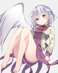 Rule 34 | 1girl, amashi (qcmrq906), bad id, bad pixiv id, bare legs, barefoot, bow, bowtie, braid, brooch, feathered wings, highres, jacket, jewelry, kishin sagume, legs, long sleeves, looking at viewer, open clothes, open jacket, purple skirt, red bow, red bowtie, red eyes, silver hair, simple background, single wing, skirt, skirt set, solo, thighs, touhou, white wings, wings
