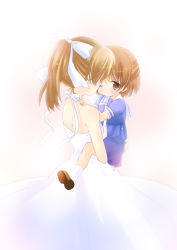 Rule 34 | 00s, age difference, airmi, brown eyes, brown hair, carrying, child, child carry, clannad, dress, furukawa nagisa, long hair, mother and daughter, okazaki ushio, one eye closed, ponytail, sailor, sailor dress, short hair, simple background, wink