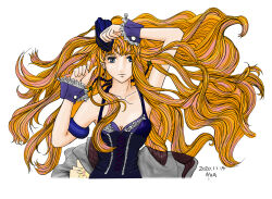 Rule 34 | absurdres, bare shoulders, blonde hair, blue dress, blue eyes, breasts, cleavage, dated, dress, earrings, frills, highres, jewelry, long hair, looking at viewer, macross, medium breasts, parted lips, sheryl nome, signature, simple background, sleeveless, sleeveless dress, small breasts, upper body, very long hair, white background, wrist cuffs, yua lambo