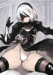 Rule 34 | 1girl, black dress, blindfold, breasts, cleavage, dress, hairband, highres, johan (johan13), leotard, lips, looking at viewer, nier (series), nier:automata, short hair, small breasts, solo, spread legs, thighs, white hair, white leotard, 2b (nier:automata)