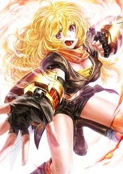 Rule 34 | 1girl, black gloves, blonde hair, boots, breasts, cleavage, cropped jacket, female focus, fingerless gloves, gauntlets, gloves, lain, large breasts, long hair, looking at viewer, midriff, navel, open mouth, pink eyes, rwby, scarf, shorts, solo, yang xiao long