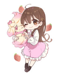Rule 34 | 2girls, ahoge, alcremie, alcremie (strawberry sweet), black footwear, black legwear, blush, brown eyes, brown hair, buttons, cheek-to-cheek, closed mouth, collared dress, commentary request, creatures (company), crossover, dress, fingers together, food, frills, fruit, full body, game freak, gen 8 pokemon, hair between eyes, hair ornament, hairclip, heads together, heart, holding, holding pokemon, hololive, kase (kurimuzone oruta), long hair, long sleeves, looking at viewer, multiple girls, nintendo, official alternate costume, one eye closed, pinafore dress, pink dress, pink eyes, pokemon, pokemon (creature), pokemon swsh, shoes, simple background, sleeveless, sleeveless dress, smile, socks, standing, star (symbol), star hair ornament, strawberry, tokino sora, tokino sora (old design), very long hair, virtual youtuber, white background, white dress
