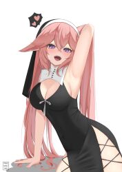 Rule 34 | 1girl, absurdres, alternate costume, animal ears, arm support, arm up, armpits, black dress, blush, breasts, cleavage, coif, covered navel, cowboy shot, cross-laced clothes, cross-laced dress, detached collar, dress, fox ears, genshin impact, hair between eyes, heart, highres, impossible clothes, impossible dress, leaning to the side, looking at viewer, massoukei, medium breasts, nun, open mouth, pink hair, pink nails, playing with own hair, purple eyes, shadow, side slit, sidelocks, simple background, solo, spoken heart, taut clothes, taut dress, teeth, upper teeth only, white background, yae miko