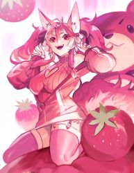 Rule 34 | 1girl, absurdres, ahoge, animal ears, breasts, fang, fluffy, food, food-themed hair ornament, fox ears, fox girl, fruit, hair between eyes, hair ornament, highres, indie virtual youtuber, kireina (osiimi), kupikuuu, large breasts, large tail, looking at viewer, open mouth, pink eyes, pink hair, pink thighhighs, solo, strawberry, strawberry hair ornament, stuffed animal, stuffed toy, tail, teddy bear, thick eyebrows, thighhighs, virtual youtuber