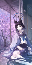 Rule 34 | 1girl, absurdres, black choker, black eyes, black hair, blue archive, blue halo, blue neckerchief, blue sailor collar, blue skirt, cat girl, cat tail, choker, commentary request, eshineko, halo, haori, highres, japanese clothes, kikyou (blue archive), looking ahead, looking up, multiple tails, neckerchief, pleated skirt, sailor collar, shirt, short hair, sitting, skirt, solo, tail, two tails, white shirt
