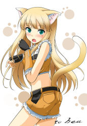 Rule 34 | 1girl, animal ear fluff, animal ears, back, belt, black gloves, blonde hair, blunt bangs, blush, cat ears, cat girl, cat tail, cecil damon, commentary request, cowboy shot, embarrassed, fang, fingerless gloves, fur-trimmed crop top, fur-trimmed gloves, fur-trimmed shorts, fur trim, gloves, green eyes, hair between eyes, kemonomimi mode, kuroma (no plan), long hair, looking at viewer, looking back, open mouth, paw pose, paw print, paw print background, ragnarok online, short hair, short shorts, shorts, simple background, sniper (ragnarok online), solo, standing, tail, white background, yellow gloves, yellow shorts