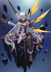 Rule 34 | 1girl, absurdres, asymmetrical gloves, bare shoulders, black footwear, black gloves, blurry, blurry background, boots, closed mouth, crossed legs, floating, floating object, floating weapon, full body, gloves, hair between eyes, hair ornament, highres, honkai (series), honkai impact 3rd, kiana kaslana, kiana kaslana (herrscher of the void), long hair, looking at viewer, polearm, sitting, smile, solo, spear, thigh boots, thighhighs, uneven gloves, weapon, white gloves, white hair, wings, ye-z-jing, yellow eyes