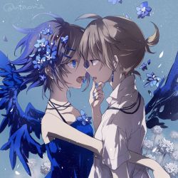 Rule 34 | 1boy, 1girl, ahoge, bare shoulders, blonde hair, blue background, blue dress, blue eyes, blue nails, grabbing another&#039;s chin, dress, earrings, eye contact, face-to-face, fang, feathered wings, flat chest, flower, hair flower, hair ornament, hairclip, hand on another&#039;s chin, hydrangea, jewelry, kagamine len, kagamine rin, looking at another, nail polish, open mouth, petals, shirt, short hair, short ponytail, short sleeves, signature, spaghetti strap, twitter username, utaori, vocaloid, white shirt, wings