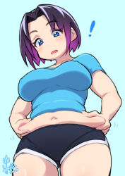 Rule 34 | !, 1girl, belly grab, black hair, black shorts, blue background, blue eyes, blue shirt, blush, breasts, commentary request, covered erect nipples, cropped shirt, dolphin shorts, elma (maidragon), from below, gradient hair, highres, hori shin, impossible clothes, kobayashi-san chi no maidragon, large breasts, looking down, muffin top, multicolored hair, navel, parted lips, plump, purple hair, shirt, short hair, short sleeves, shorts, signature, solo, weight conscious