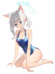 Rule 34 | 1girl, absurdres, animal ear fluff, animal ears, barefoot, blue archive, blue eyes, blue halo, breasts, cleavage, collarbone, commentary request, competition swimsuit, grey hair, hair between eyes, halo, highres, long hair, looking at viewer, low ponytail, medium breasts, mismatched pupils, official alternate costume, oiru (fattyoils), one-piece swimsuit, school swimsuit, shiroko (blue archive), sidelocks, simple background, sitting, sleeveless, solo, swimsuit, toes, wariza, white background, wolf ears, wolf girl