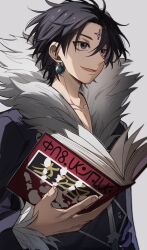 Rule 34 | 1boy, absurdres, bamu (bamu0504), black coat, black eyes, black hair, book, chrollo lucilfer, coat, earrings, facial mark, forehead mark, fur-trimmed coat, fur-trimmed sleeves, fur trim, handprint, highres, holding, holding book, hunter x hunter, jewelry, open mouth, parted bangs, pectoral cleavage, pectorals, smile, solo
