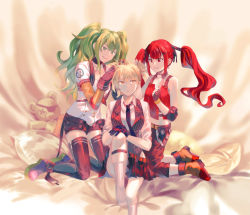 Rule 34 | 3girls, artist request, blanket, blonde hair, commentary, corset, cz75 (girls&#039; frontline), english commentary, fingerless gloves, girls&#039; frontline, gloves, green eyes, green hair, highres, m950a (girls&#039; frontline), multiple girls, pillow, red eyes, red hair, shoes, shorts, sleepover, socks, stuffed animal, stuffed toy, teddy bear, thighhighs, twintails, welrod mkii (girls&#039; frontline), yellow eyes