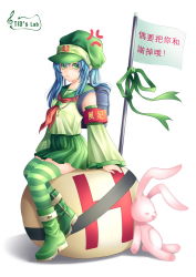Rule 34 | 1girl, anger vein, ankle boots, armband, backpack, bag, blue hair, boots, chinese text, detached sleeves, green dam, green eyes, green footwear, green thighhighs, key, os-tan, personification, rabbit, randoseru, sitting, solo, striped clothes, striped thighhighs, stuffed animal, stuffed rabbit, stuffed toy, thighhighs, tidsean, translated