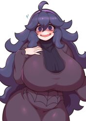 Rule 34 | 1girl, @ @, alternate breast size, antenna hair, arm at side, black nails, blush, breasts, cowboy shot, creatures (company), curvy, dot nose, dress, embarrassed, eyebrows, fingernails, game freak, hairband, hand on own chest, hex maniac (pokemon), huge breasts, long hair, looking at viewer, matching hair/eyes, nail polish, nervous, nintendo, open mouth, pink hairband, pokemon, pokemon xy, purple dress, purple eyes, purple hair, siglk, simple background, smile, solo, standing, wavy hair, white background