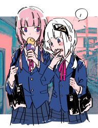 ! 2girls alternate_costume bad_id bad_twitter_id bag blazer blue_background blue_eyes blue_jacket blue_skirt blunt_bangs blush_stickers bright_pupils cropped_legs diamond_hair_ornament eating hair_over_shoulder highres holding holding_ice_cream_cone holding_spoon ice_cream_cone inactive_account isozaki_(iso_zaki54) jacket kaf_(kamitsubaki_studio) kafu_(cevio) kamitsubaki_studio lapels licking_lips long_hair long_sleeves looking_at_another looking_at_food low_twintails matching_outfits multicolored_eyes multiple_girls neck_ribbon outdoors photo_background pink_background pink_eyes pink_hair pink_ribbon plaid_clothes plaid_skirt ribbon school_bag school_uniform shirt shoulder_bag side-by-side skirt spoken_exclamation_mark spoon standing tongue tongue_out twintails two-tone_background virtual_youtuber white_hair white_pupils white_shirt yellow_pupils