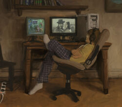 Rule 34 | 1boy, book, bookshelf, brown hair, casablanca, chair, child, commentary, computer, crossed arms, electric plug, english commentary, faceless, faceless male, full body, headphones, highres, leaning back, male focus, monitor, office chair, olliemnjones, on chair, original, painting (medium), pajamas, picture (object), power strip, shirt, socks, solo, striped, striped pajamas, swivel chair, table, traditional media, watching television, white socks, yellow shirt