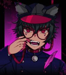 Rule 34 | 1boy, animal collar, animal ears, animal hat, black hair, black hat, blue jacket, cabbie hat, collar, fake animal ears, feathers, finger in own mouth, glasses, hat, highres, jacket, leash, long sleeves, looking at viewer, male focus, manesoushi ooe, master detective archives: rain code, mouth pull, open mouth, red-framed eyewear, red eyes, round eyewear, short hair, solo, teeth, upper body, zilch alexander