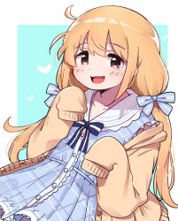 Rule 34 | 1girl, bad id, bad twitter id, blonde hair, blue bow, blue dress, blush, bow, brown cardigan, cardigan, dress, futaba anzu, hair between eyes, hair bow, heart, idolmaster, idolmaster cinderella girls, korean commentary, long hair, long sleeves, looking at viewer, low twintails, mg pong, off shoulder, open mouth, simple background, sleeves past fingers, sleeves past wrists, solo, twintails, two-tone background, upper body, very long hair