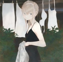 Rule 34 | 1girl, black dress, blonde hair, bra, unworn bra, breasts, clothes pin, clothesline, day, dress, unworn dress, grey eyes, hedge, highres, holding, holding clothes, junito715, long hair, looking at viewer, original, outdoors, signature, small breasts, underwear, white dress