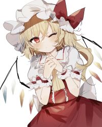 Rule 34 | 1boy, blonde hair, cowboy shot, crystal wings, flandre scarlet, hat, highres, mob cap, one eye closed, own hands together, puffy short sleeves, puffy sleeves, red eyes, short sleeves, side ponytail, simple background, solo, sorani (kaeru0768), touhou, white background, wrist cuffs