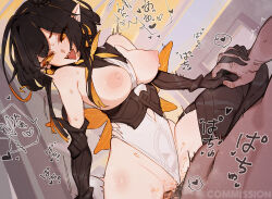 Rule 34 | 1boy, 1girl, black gloves, black hair, black thighhighs, borrowed character, breasts, clothing aside, commentary, commission, copyright request, english commentary, gloves, gsusart, hetero, holding hands, interlocked fingers, large breasts, leotard, leotard aside, mixed-language commentary, open mouth, pixiv commission, pointy ears, sex, sharp teeth, short hair, smile, sweat, teeth, thighhighs, tongue, tongue out, white leotard, yellow eyes