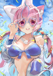 Rule 34 | 1girl, absurdres, adjusting eyewear, animal ear fluff, animal ears, bare shoulders, bikini, blue bikini, blue hair, blue nails, blue sky, blunt bangs, blush, bow, breasts, cat ears, colored inner hair, commentary request, front-tie bikini top, front-tie top, hair bow, halterneck, hand up, heart, heart-shaped eyewear, highres, hololive, huge filesize, jewelry, kaoswald, large breasts, long sleeves, looking at viewer, minato aqua, multicolored hair, nail polish, navel, necklace, off shoulder, open clothes, open mouth, open shirt, pink-tinted eyewear, pink hair, purple eyes, round teeth, shell, shell necklace, shirt, sky, smile, solo, stomach, string bikini, sunglasses, swimsuit, teeth, tinted eyewear, upper body, upper teeth only, virtual youtuber, water, white bow, white shirt