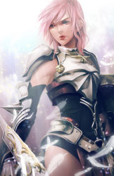 Rule 34 | 10s, 1girl, armor, cowboy shot, elbow spikes, feathers, final fantasy, final fantasy xiii, gauntlets, grey eyes, highres, lightning farron, looking at viewer, pink hair, shoulder armor, signature, solo, standing, tooaya, white feathers