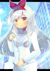Rule 34 | 1girl, allipaca, blush, breasts, building, choker, closed mouth, collared shirt, commentary request, dress shirt, fang, fang out, formal, grey shirt, hair ribbon, hairband, hand up, indie virtual youtuber, jacket, kou hiyoyo, letterboxed, long hair, long sleeves, looking at viewer, pant suit, pants, red choker, red eyes, red hairband, red ribbon, ribbon, shirt, silver hair, small breasts, smile, solo, suit, very long hair, virtual youtuber, white jacket, white pants