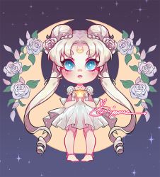 Rule 34 | 1girl, anklet, barefoot, bishoujo senshi sailor moon, blonde hair, blue eyes, blush, chibi, crescent, crescent facial mark, crescent moon, double bun, dress, facial mark, flower, forehead mark, hair bun, hair flower, hair ornament, ippus, jewelry, long hair, moon, pigeon-toed, princess serenity, ringlets, rose, sidelocks, signature, sky, solo, star (sky), starry sky, tsukino usagi, twintails, very long hair