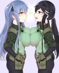 Rule 34 | 2girls, bike shorts, black hair, blue eyes, blue hair, breast contest, breast fight, breast press, confrontation, eye contact, face-to-face, fang, from side, glaring, hands on own hips, highres, k0ng, lightning glare, long hair, looking at another, military, military uniform, multiple girls, original, ponytail, profile, rivalry, smile, sparks, symmetrical docking, twintails, uniform, yellow eyes