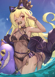 Rule 34 | 1girl, animal ears, arm up, armpits, bikini, black bikini, black dress, black jacket, blonde hair, blue sky, blush, bracelet, braid, breasts, cat ears, cloud, collarbone, commentary request, dark-skinned female, dark skin, dress, goggles, goggles on head, granblue fantasy, hair ribbon, helel ben shalem, helel ben shalem (summer) (granblue fantasy), highres, inflatable toy, jacket, jewelry, long hair, looking at viewer, medium breasts, navel, one eye closed, pacifier, red eyes, ribbon, salute, see-through, sky, solo, standing, swimsuit, swimsuit cover-up, tattoo, thighs, uneg, very long hair, wading, water, wet, wet clothes