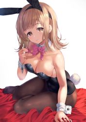Rule 34 | 1girl, animal ears, arm support, bare shoulders, black hairband, black leotard, bow, breasts, brown eyes, brown hair, brown pantyhose, cleavage, closed mouth, collar, commentary request, detached collar, eyebrows hidden by hair, fake animal ears, hairband, hand up, highres, idolmaster, idolmaster shiny colors, leotard, looking at viewer, medium breasts, pantyhose, pink bow, playboy bunny, rabbit ears, rabbit tail, rangen, sakuragi mano, smile, solo, strapless, strapless leotard, tail, white background, white collar, wing collar, wrist cuffs
