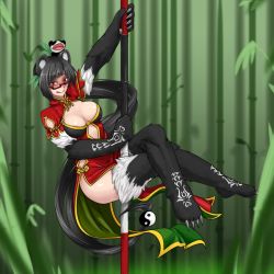 Rule 34 | 1girl, :q, animal ears, animal hands, bad id, bad pixiv id, bamboo, bamboo forest, black hair, blazblue, blush, breasts, brown eyes, china dress, chinese clothes, claws, crossed legs, crossover, dress, forest, fur, fusion, glasses, gradient background, hair ornament, highres, lao jiu, less, licking lips, litchi faye ling, long hair, looking at viewer, medium breasts, monster girl, monster girl encyclopedia, nature, panda ears, panda girl, panda hair ornament, pole, pole dancing, ponytail, ren xiongmao, semi-rimless eyewear, side slit, solo, striped, striped background, stripper pole, tongue, tongue out, very long hair, yin yang
