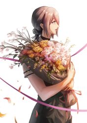 Rule 34 | 1girl, absurdres, ao desu2222, black choker, black shorts, bouquet, chainsaw man, choker, flower, hair bun, highres, holding, holding bouquet, looking to the side, open mouth, reze (chainsaw man), shirt, short hair, shorts, sidelocks, simple background, solo, white background, white flower, white shirt