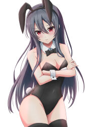 Rule 34 | 1girl, absurdres, animal ears, black bow, black bowtie, black hair, black hairband, black leotard, black thighhighs, blush, bow, bowtie, breasts, cinderella series, cleavage, closed mouth, collarbone, commentary request, covered navel, cowboy shot, crossed arms, detached collar, fake animal ears, fake tail, hachigatsu no cinderella nine, hair between eyes, hairband, highres, leotard, long hair, medium breasts, playboy bunny, rabbit ears, rabbit tail, red eyes, shinonome ryo, shinshiro, simple background, solo, standing, tail, thighhighs, very long hair, white background, wrist cuffs